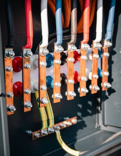 Close-up of busbars in an electrical cabinet