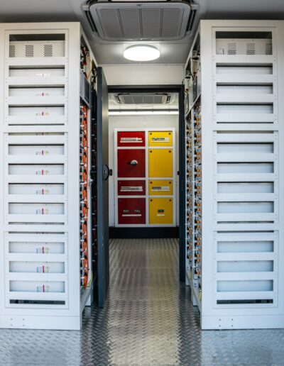 Interior view of a high-voltage series solar battery system
